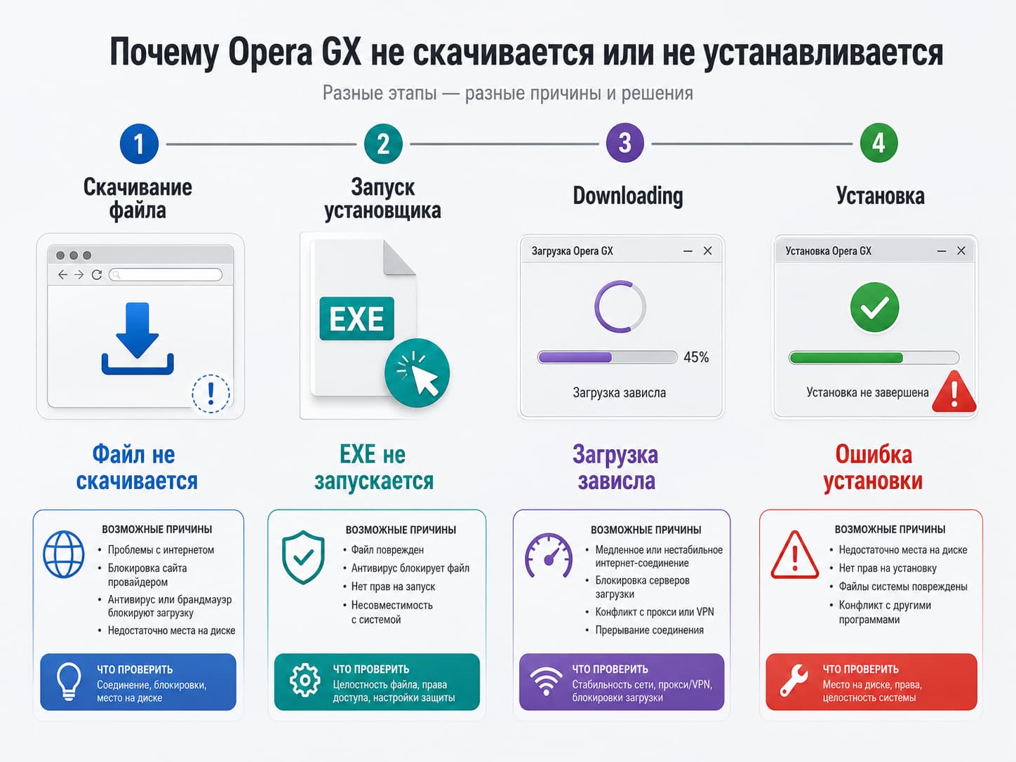 Этапы диагностики ошибок скачивания и установки Opera GX
