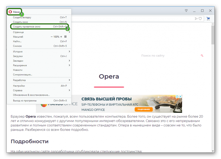 Как включить режим инкогнито в опере
